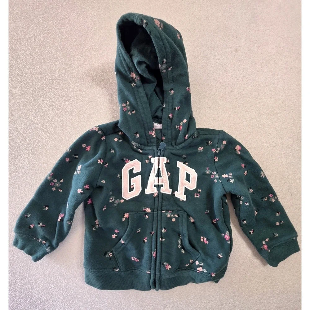 Baby Gap Floral Zip Hoodie 12-18 Months Green Pink Fleece Hooded Sweatshirt